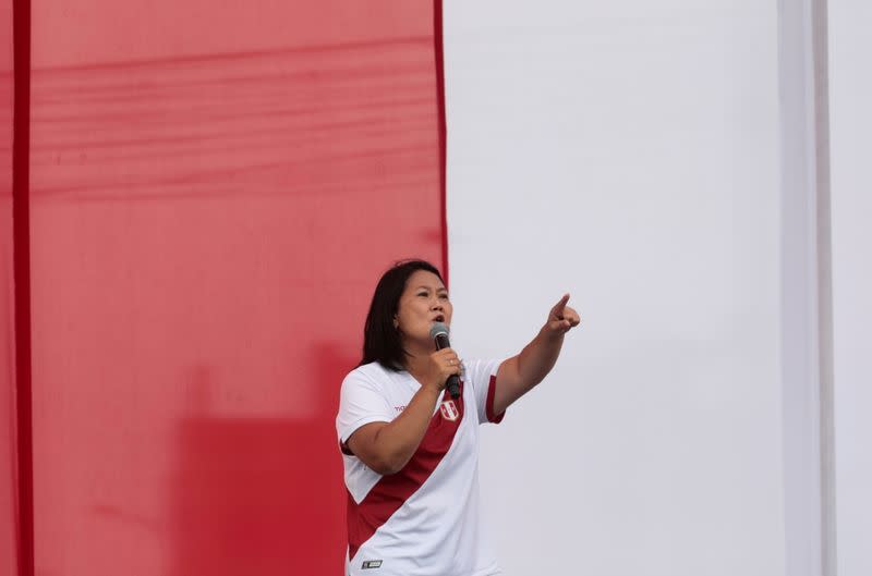 FILE PHOTO: Peru's right-wing candidate Keiko Fujimori addresses supporters, in Lima