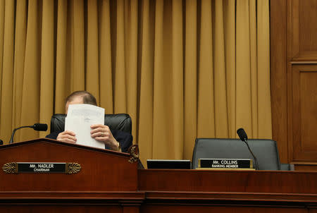 House Judiciary Committee Committee Chairman Jerry Nadler (D-NY) stacks his papers, including a letter signed by U.S. Attorney General William Barr advising the president on the use of executive privilege after the Judiciary Committee voted to hold Barr in contempt of Congress for not responding to a subpoena on Capitol Hill in Washington, U.S., May 8, 2019. REUTERS/Leah Millis