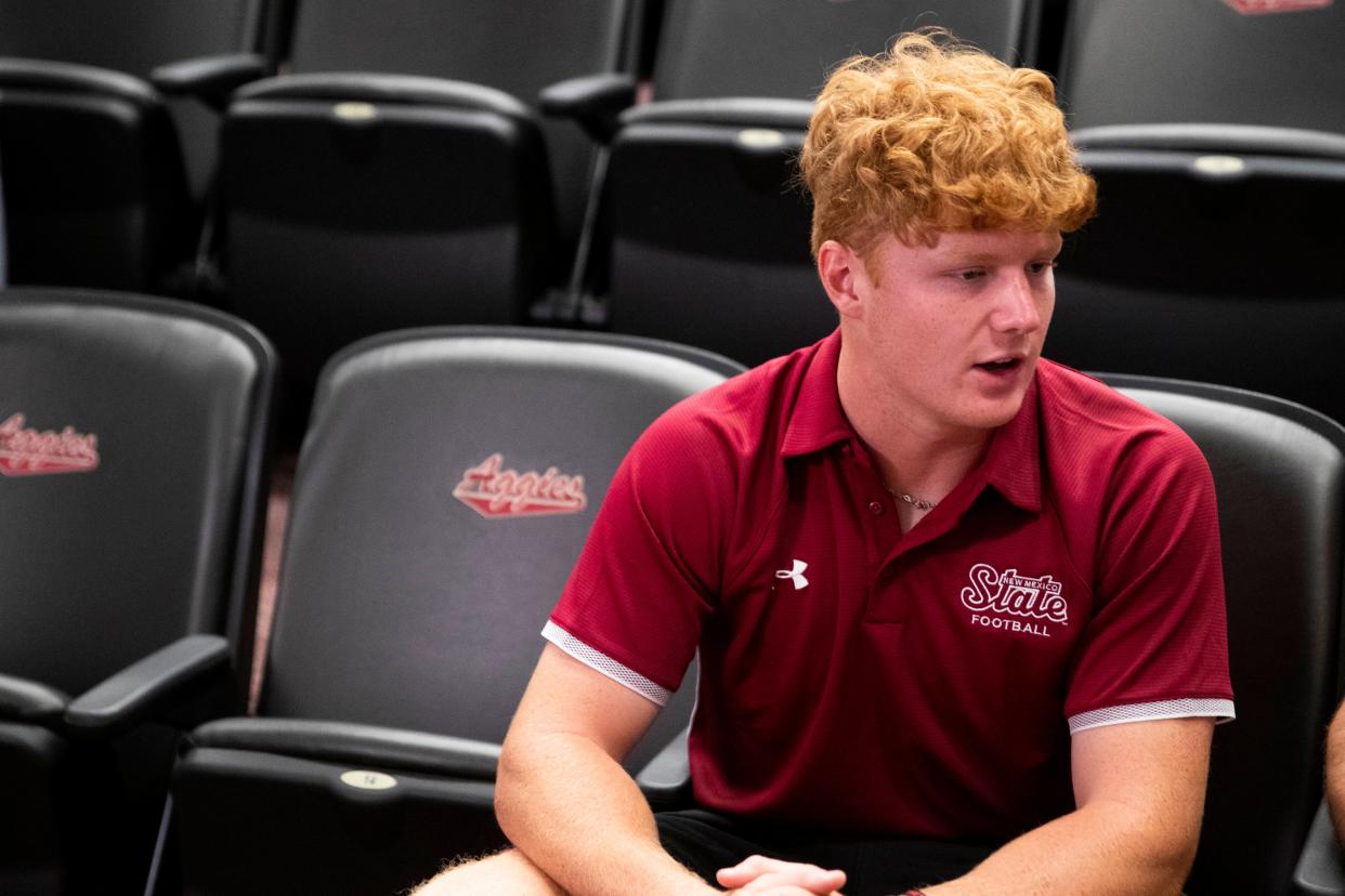 Gavin Frakes speaks to the Sun-News during New Mexico State football media day on Wednesday, July 27, 2022.