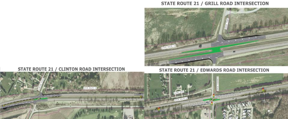 Graphic of work panned at the Clinton, Grill and Edwards Road intersections.