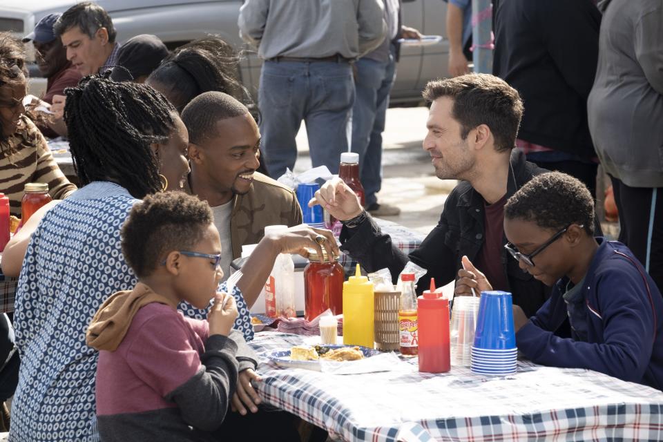 Sam (Anthony Mackie) and Bucky (Sebastian Stan) share a meal in Sam's hometown at the end of "The Falcon and the Winter Soldier."