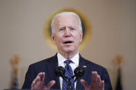 President Joe Biden speaks Tuesday, April 20, 2021, at the White House in Washington, after former Minneapolis police Officer Derek Chauvin was convicted of murder and manslaughter in the death of George Floyd. (AP Photo/Evan Vucci)