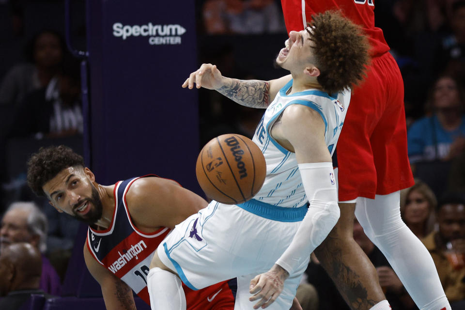 Charlotte Hornets guard LaMelo Ball reacts as he is fouled during a preseason game against the Washington Wizards on October 10, 2022 in Charlotte, North Carolina. (Photo by Jared C. Tilton/Getty Images)