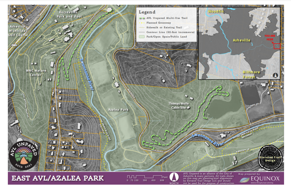 A map of the East Asheville/Azalea Park trail proposed in the AVL Unpaved project.
