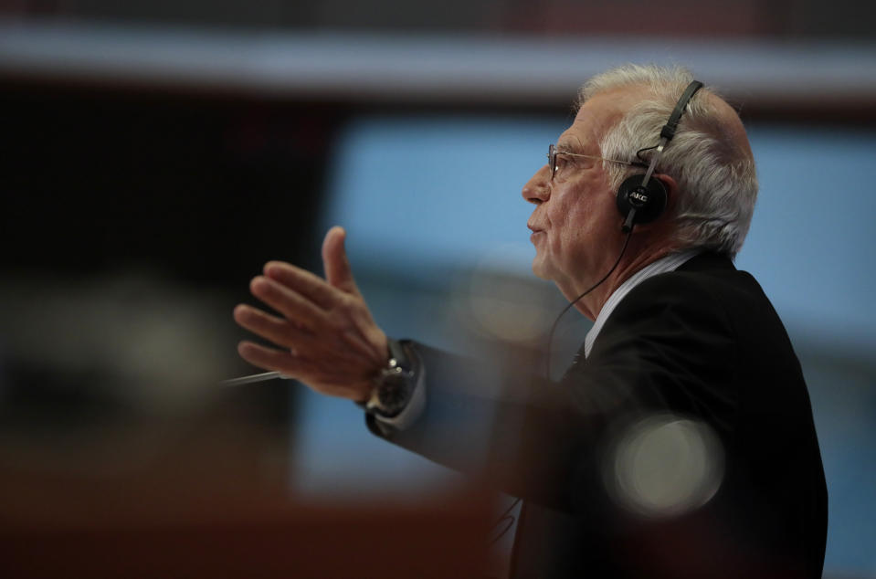 Nominated European foreign policy chief Josep Borrell answers questions during his hearing at the European Parliament in Brussels, Monday, Oct. 7, 2019. (AP Photo/Virginia Mayo)