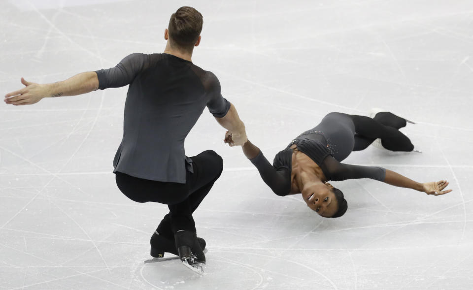 Vanessa James and Morgan Cipres of France perform in the pairs free skating at the ISU European figure skating championships in Minsk, Belarus, Thursday, Jan. 24, 2019. (AP Photo/Sergei Grits)