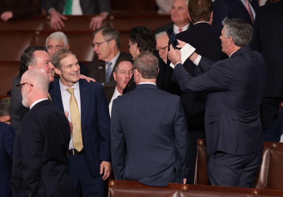 PHOTO: Rep. Jim Jordan interacts with fellow members as the House of Representatives prepares to vote on a new Speaker of the House at the Capitol Building, Oct. 17, 2023. (Win Mcnamee/Getty Images)