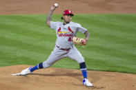 St Louis Cardinals pitcher Carlos Martinez throws during the first inning of the team's baseball game against the Philadelphia Phillies, Friday, April 16, 2021, in Philadelphia. (AP Photo/Laurence Kesterson)