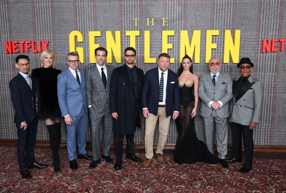 (L-R) Michael Vu, Joely Richardson, Max Beesley, Daniel Ings, Theo James, Guy Ritchie, Kaya Scodelario, Ray Winstone and Giancarlo Esposito attend the UK Series Global Premiere of “The Gentlemen” at the Theatre Royal Drury Lane on March 05, 2024 in London, England. (Photo by Karwai Tang/WireImage)