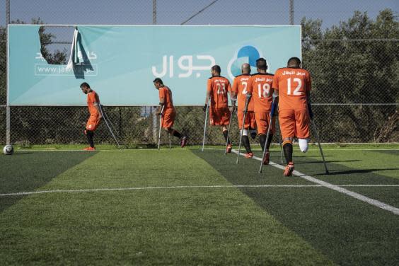 One of Gaza’s seven amputee football teams train in Deir al-Balah despite fasting in the summer heat (Bel Trew)