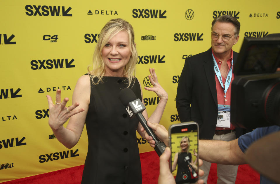 Kirsten Dunst arrives for the world premiere of "Civil War," at the Paramount Theatre during the South by Southwest Film Festival, Thursday, March 14, 2024, in Austin, Texas. (Photo by Jack Plunkett/Invision/AP)