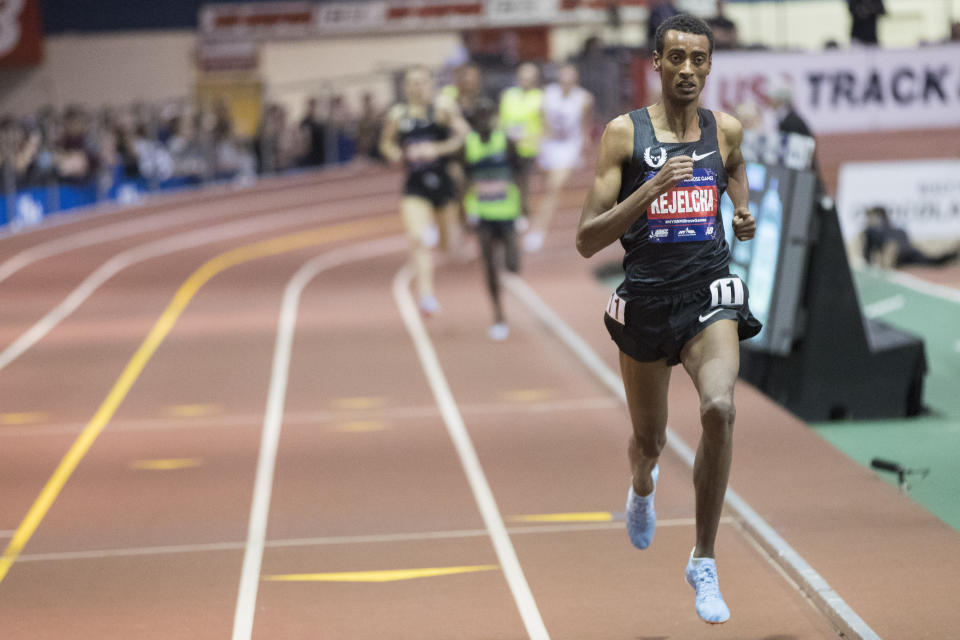 Yomif Kejelcha, of Ethiopia competes in the men's Wanamaker Mile at the Millrose Games track and field meet, Saturday, Feb. 9, 2019, in New York. Kejelcha won the race. (AP Photo/Mary Altaffer)