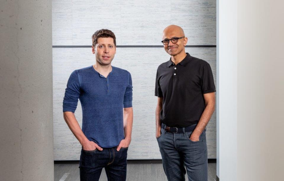 Sam Altman, CEO of OpenAI (left), and Microsoft CEO Satya Nadella (right).