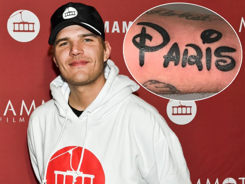 Chris Zylka and his former Disney-inspired Paris Hilton tattoo.