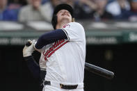 Cleveland Guardians' Kyle Manzardo watches a foul ball during the second inning of the team's baseball game against the Detroit Tigers, Tuesday, May 7, 2024, in Cleveland. (AP Photo/Sue Ogrocki)