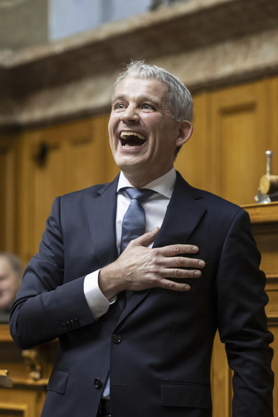 Newly elected Federal Councillor Beat Jans, gestures during the swearing-in ceremony following the Federal Council general election by the United Federal Assembly, in Bern, Switzerland, Wednesday, Dec. 13 2023. (Peter Schneider/Keystone via AP)
