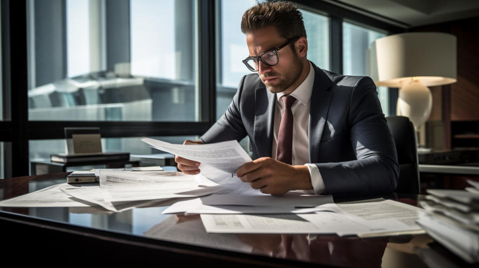 A real estate investment banker sitting in a plush office, reviewing financials and papers.