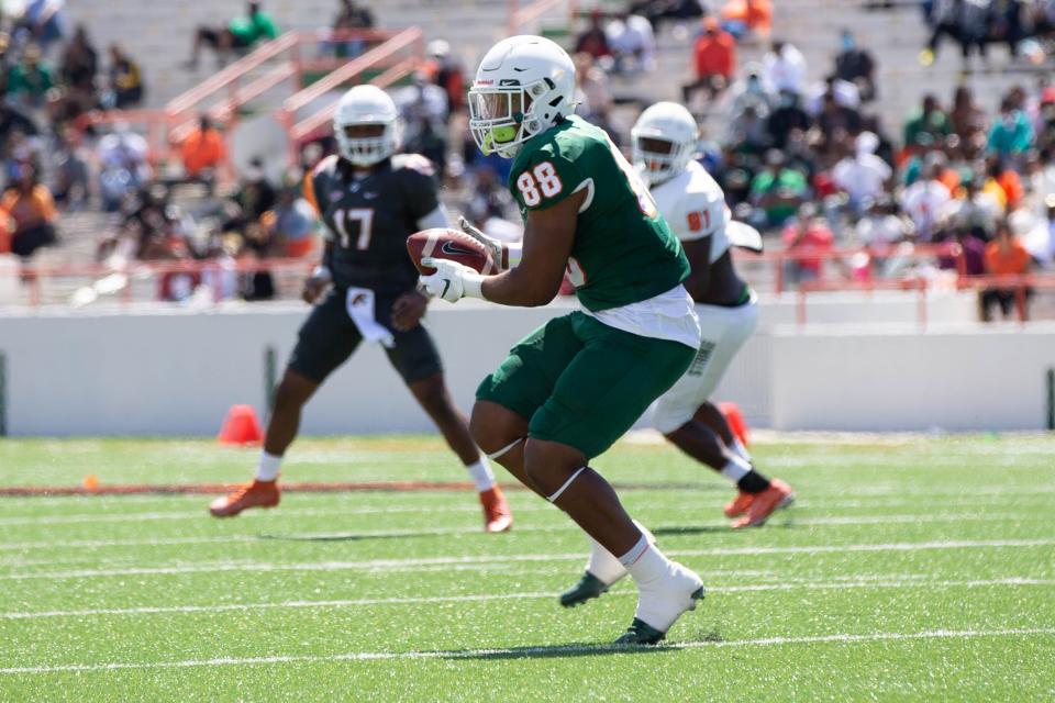 Florida A&M University tight end Nicholas Dixon (88) makes a catch during FAMU's final intersquad practice at Bragg Memorial Stadium Saturday, April 3, 2021.