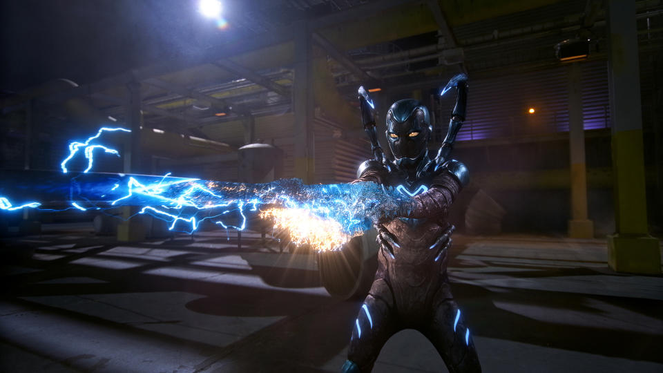 This image released by Warner Bros. Pictures shows a scene from the film "Blue Beetle." (Warner Bros. Pictures via AP)