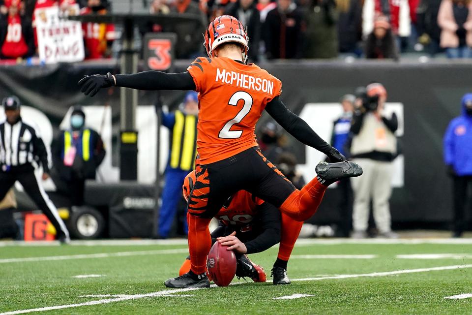 Cincinnati Bengals kicker Evan McPherson (2) kicks the game-winning field goal in the fourth quarter during a Week 17 NFL game against the Kansas City Chiefs, Sunday, Jan. 2, 2022, at Paul Brown Stadium in Cincinnati. The Cincinnati Bengals defeated the Kansas City Chiefs, 34-31. With the win the, the Cincinnati Bengals won the AFC North division and advance to the NFL playoffs. 