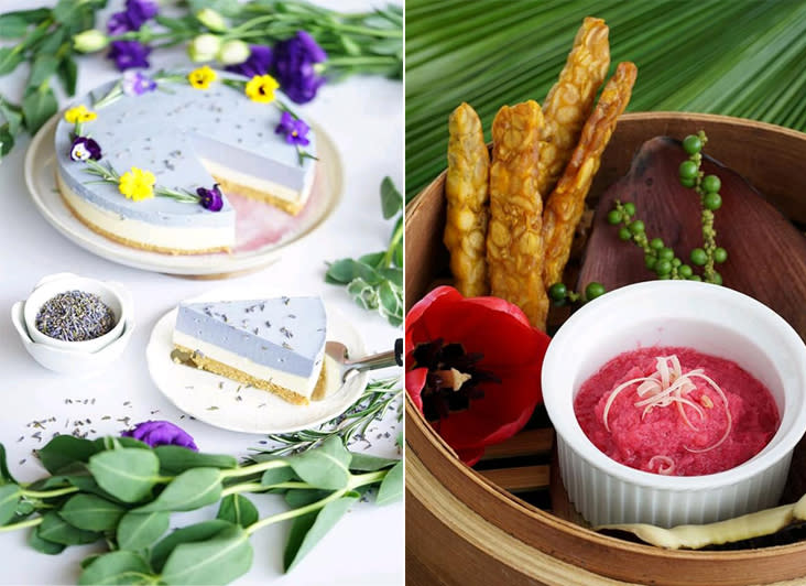 Enjoy this decadent floral baked cheesecake garnished with various edible flowers and lavender (left). Tempeh fingers packed with vitamins and minerals are paired with a vibrant pink ginger flower dip (right)