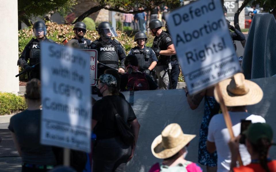 Protesters gathered at Planned Parenthood office on McHenry Ave to oppose the planned Straight Pride event in Modesto, Calif., on Saturday, August 27, 2022.