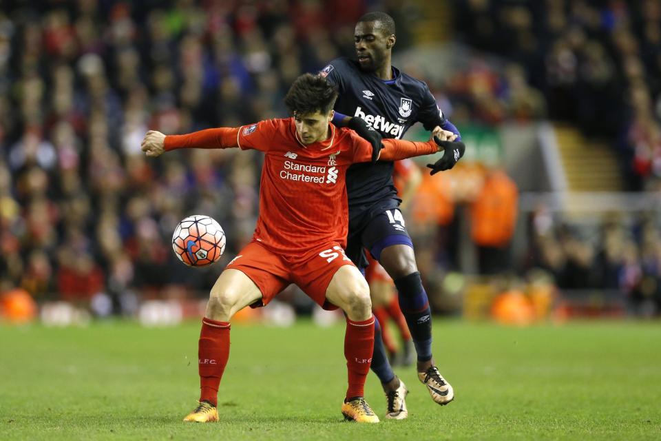 Football Soccer - Liverpool v West Ham United - FA Cup Fourth Round - Anfield - 30/1/16 Liverpool's Joao Carlos Teixeira in action against West Ham's Pedro Mba Obiang Action Images via Reuters / Carl Recine Livepic EDITORIAL USE ONLY. No use with unauthorized audio, video, data, fixture lists, club/league logos or "live" services. Online in-match use limited to 45 images, no video emulation. No use in betting, games or single club/league/player publications. Please contact your account representative for further details.