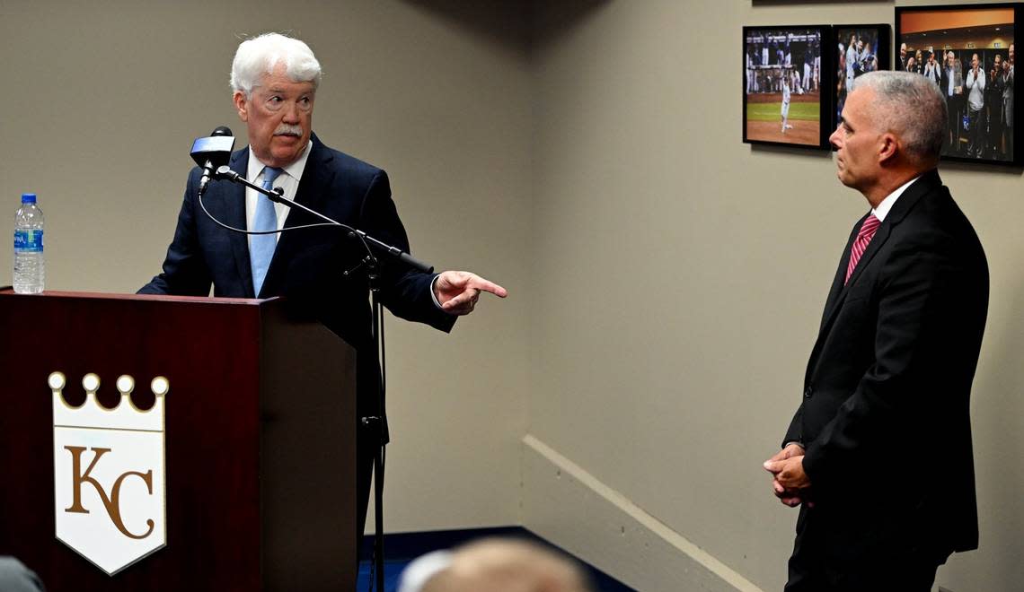 Kansas City Royals chairman and CEO John Sherman, left, announced Wednesday afternoon that Dayton Moore, right, who’d been elevated to president of baseball operations after a lengthy run here as general manager, is no longer with the team. Sherman said it was his decision to make the move. J.J. Picollo, the Royals’ general manager, will assume the role of president of baseball operations. “The bottom line here is that it’s time to change,” Sherman said.