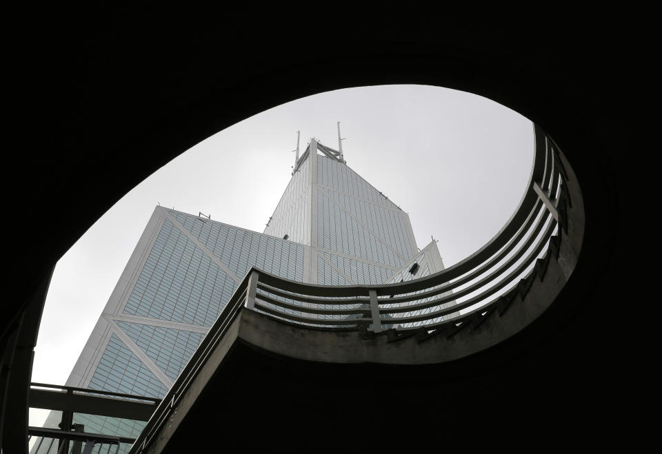 Bank of China Tower, a building designed by architect I.M. Pei, is seen in Hong Kong Friday, May 17, 2019. Pei, the globe-trotting architect who revived the Louvre museum in Paris with a giant glass pyramid and captured the spirit of rebellion at the multi-shaped Rock and Roll Hall of Fame, has died at age 102, a spokesman confirmed Thursday. (AP Photo/Vincent Yu)