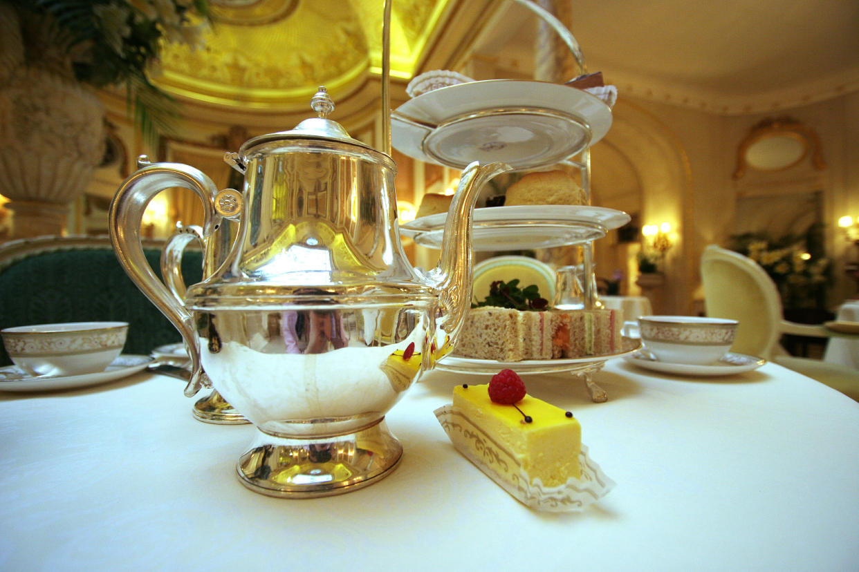 - PHOTO TAKEN 17APR06 - Afternoon tea is seen at the Palm Court at The Ritz hotel in London during its 100th anniversary year, April 17, 2006. Guests can choose from 17 types of tea to go with a plethora of sandwiches, cakes and pastries prepared each day in the hotel's kitchen. Much of the silver-plated tea service from the original set used in 1906, and is polished every day to maintain its shine. Picture taken April 17, 2006.