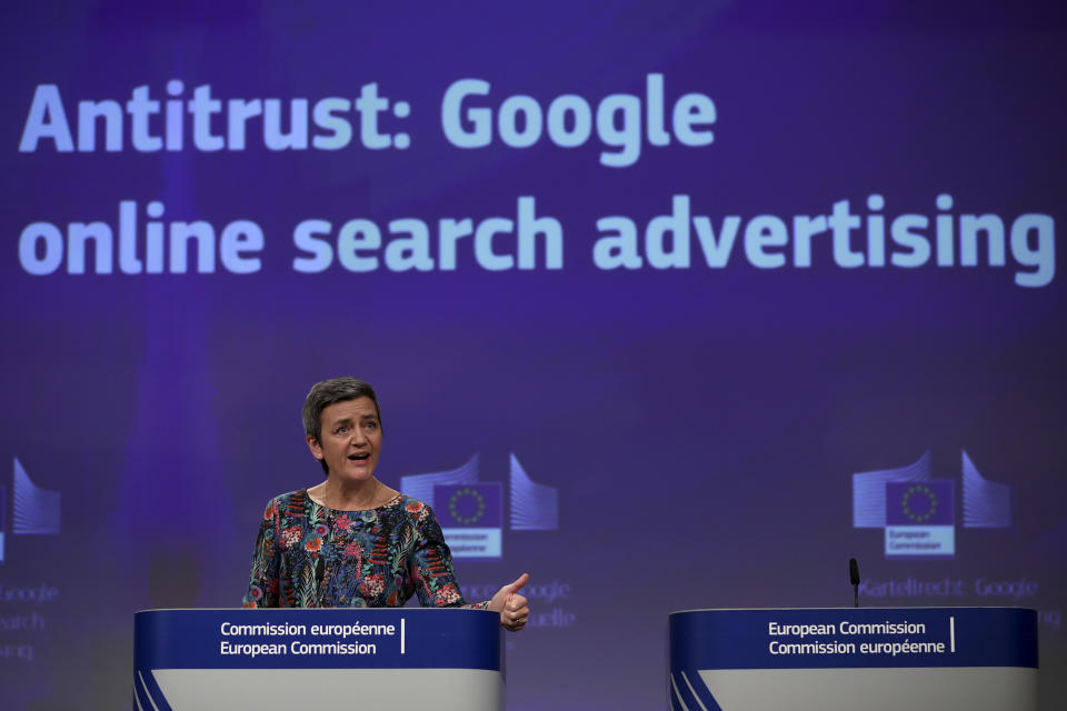 European Competition Commissioner Margrethe Vestager speaks during a media conference at EU headquarters in Brussels, Wednesday, March 20, 2019. European Union regulators have hit Google with a 1.49 billion euro ($1.68 billion) fine for abusing its dominant role in online advertising. (AP Photo/Francisco Seco)