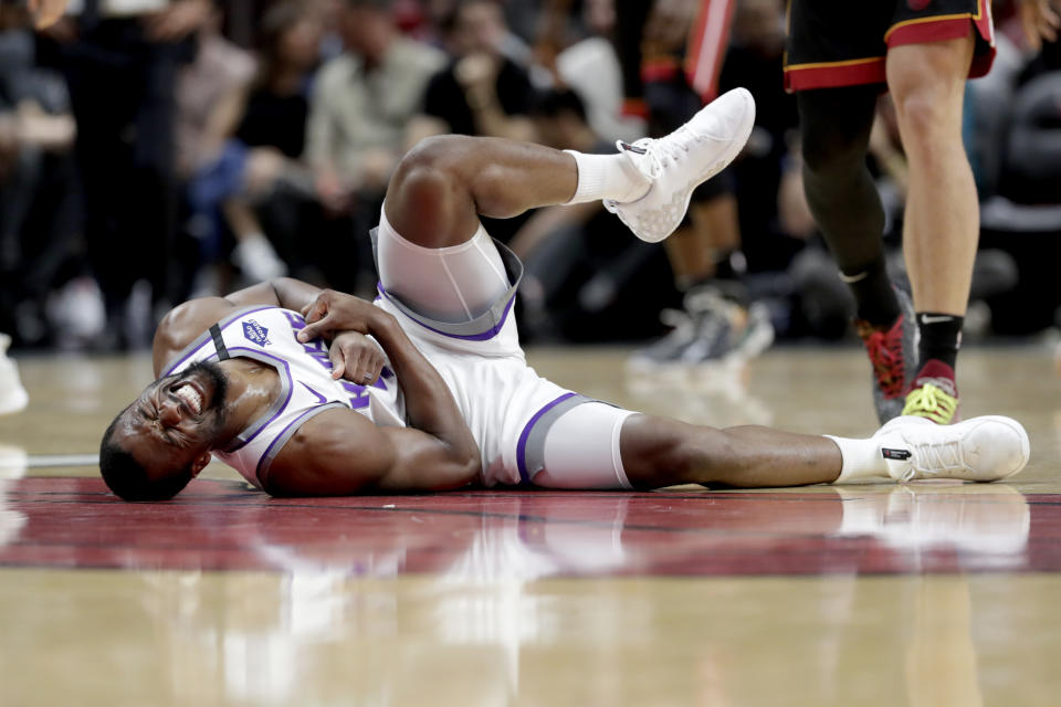 Sacramento Kings forward Harrison Barnes falls to the court during the first half of an NBA basketball game against the Miami Heat, Monday, Jan. 20, 2020, in Miami. (AP Photo/Lynne Sladky)