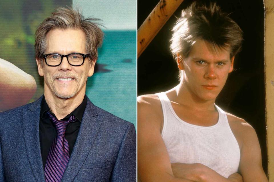 <p>Jason Mendez/Getty; Paramount/Kobal/Shutterstock </p> Kevin Bacon in New York City on Dec. 4, 2023; Kevin Bacon in <em>Footloose</em> (1984)