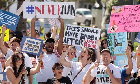 FILE PHOTO: Students hold signs while rallying in the street during the "March for Our Lives" demanding stricter gun control laws at the Miami Beach Senior High School, in Miami, Florida, U.S., March 24, 2018. REUTERS/Javier Galeano/File Photo