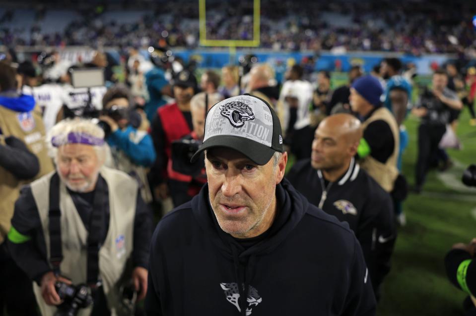 Jacksonville Jaguars head coach Doug Pederson, seen here exiting the field after a December loss to the Baltimore Ravens, cannot afford to miss on his impending hire of a defensive coordinator.