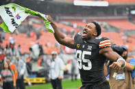 Cleveland Browns defensive end Myles Garrett (95) celebrates after the team's win over the Cincinnati Bengals in an NFL football game Sunday, Sept. 10, 2023, in Cleveland. (AP Photo/David Richard)