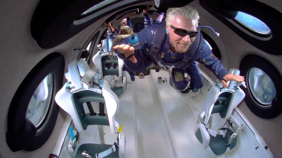 Sir Richard Branson at zero gravity while onboard the Virgin Galactic on July 11, 2021. (Source: Virgin Galactic via Sipa USA