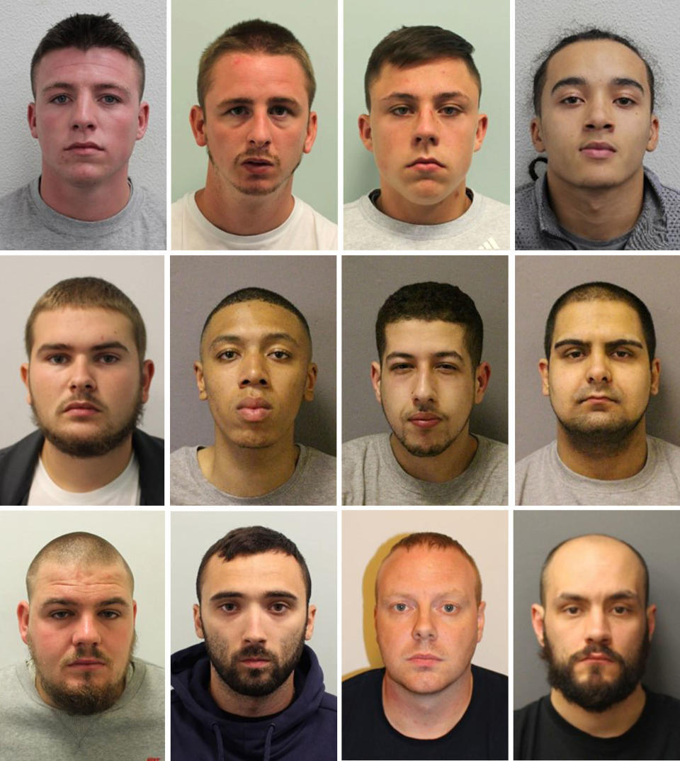 Undated handout comp of photos issued by the Metropolitan Police of (Top row left to right) John McFadyen, Aaron Pask, Issac McFadyen and Joshua Strong-Myers. (Middle Row left to right) Mitchell Leaver, Kian Taylor, Omar Tafat and Ram Monk. (Bottom row left to right) Scott Leaver, Ryan Moran, Steven Weller and Terry Marsh. They are all part of a moped gang who have been jailed for a string of bold "professional, planned and organised" high profile raids across London. (PA)