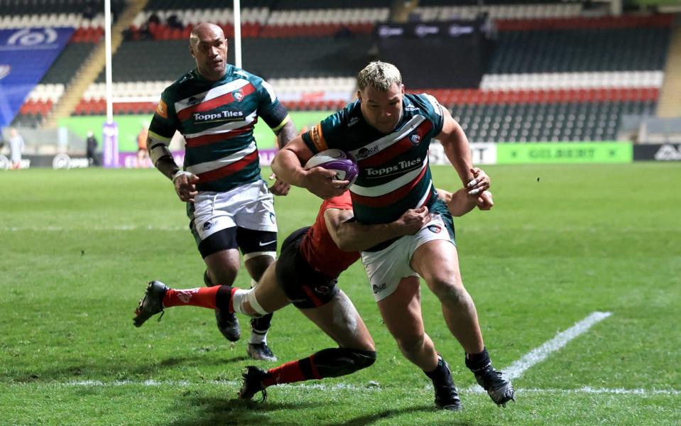  Ellis Genge of Leicester Tigers touches down for his team's second try during the European Rugby Challenge Cup match between Leicester Tigers and Ulster Rugby at Welford Road - David Rogers/Getty Images