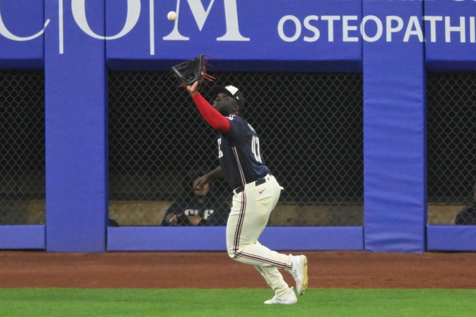 Sep 13, 2024; Cleveland, Ohio, USA; Cleveland Guardians right fielder Jhonkensy Noel (43) makes a catch in the second inning against the Tampa Bay Rays at Progressive Field. Mandatory Credit: David Richard-Imagn Images