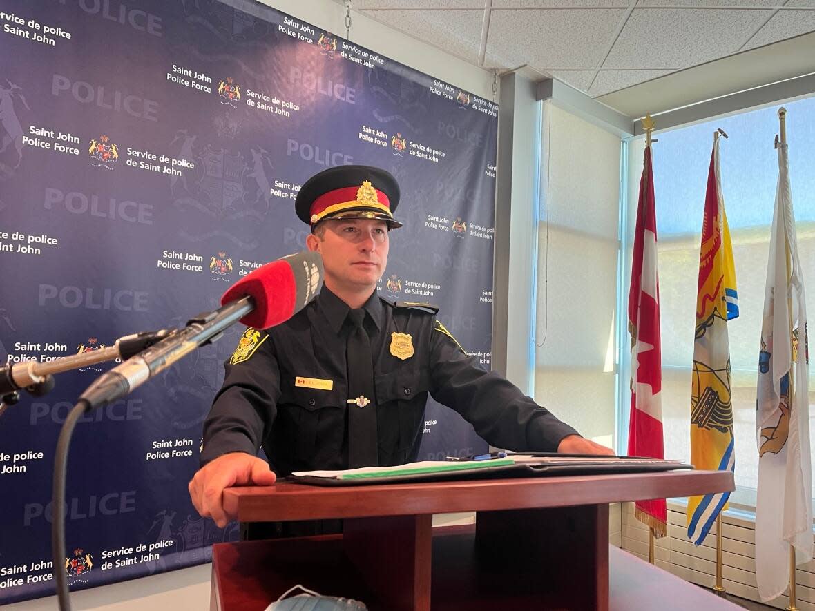 Staff Sgt. Sean Rocca provides an update on Aug. 15 about the discovery of human remains in Saint John Harbour.    (Lane Harrison/CBC - image credit)