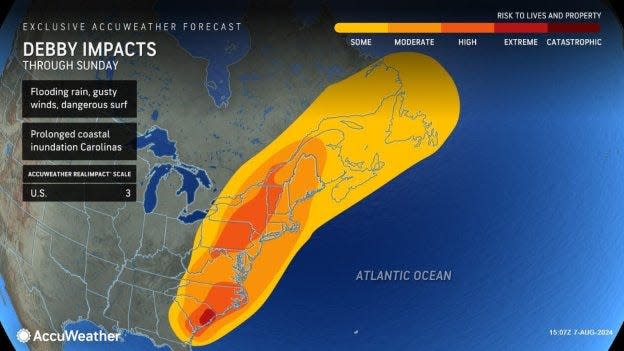 A graphic illustrating the predicted impacts of Hurricane Debby in the northeast for this weekend. Though the storm has weakened, some forecasts are still warning of flooding in parts of Massachusetts.