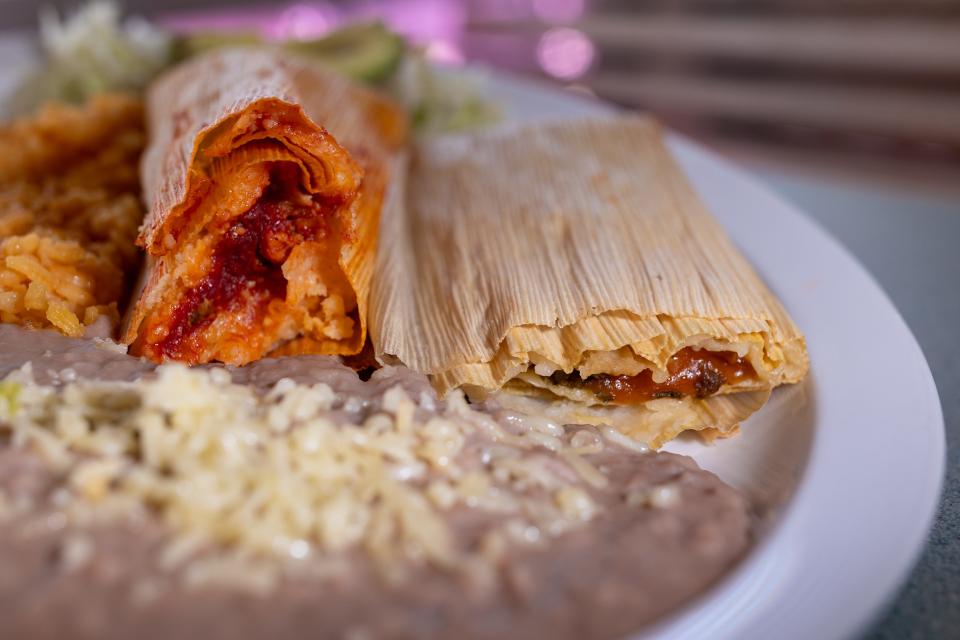 A plate of a red and green tamal are shown from Jefita’s Tamales at 8825 N. Loop Drive.