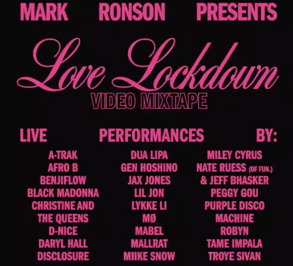 mark ronson love lockdown livestream artist lineup details Mark Ronson Announces Love Lockdown Livestream Featuring Tame Impala, Robyn, Daryl Hall, Miley Cyrus, Lykke Li, and More