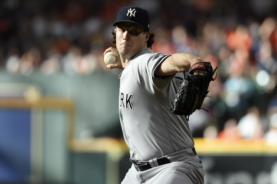 New York Yankees starting pitcher Gerrit Cole delivers during the first inning of a baseball game against the Houston Astros, Saturday, July 10, 2021, in Houston. (AP Photo/Eric Christian Smith)