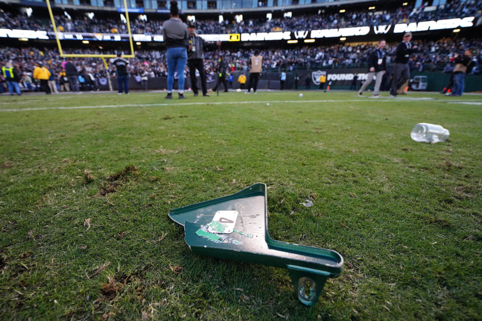 OAKLAND, CALIFORNIA - DECEMBER 15: A detailed view of a torn off piece of a stadium seat thrown on the field by fans after the Oakland Raiders loss to the Jacksonville Jaguars at RingCentral Coliseum on December 15, 2019 in Oakland, California. (Photo by Daniel Shirey/Getty Images)