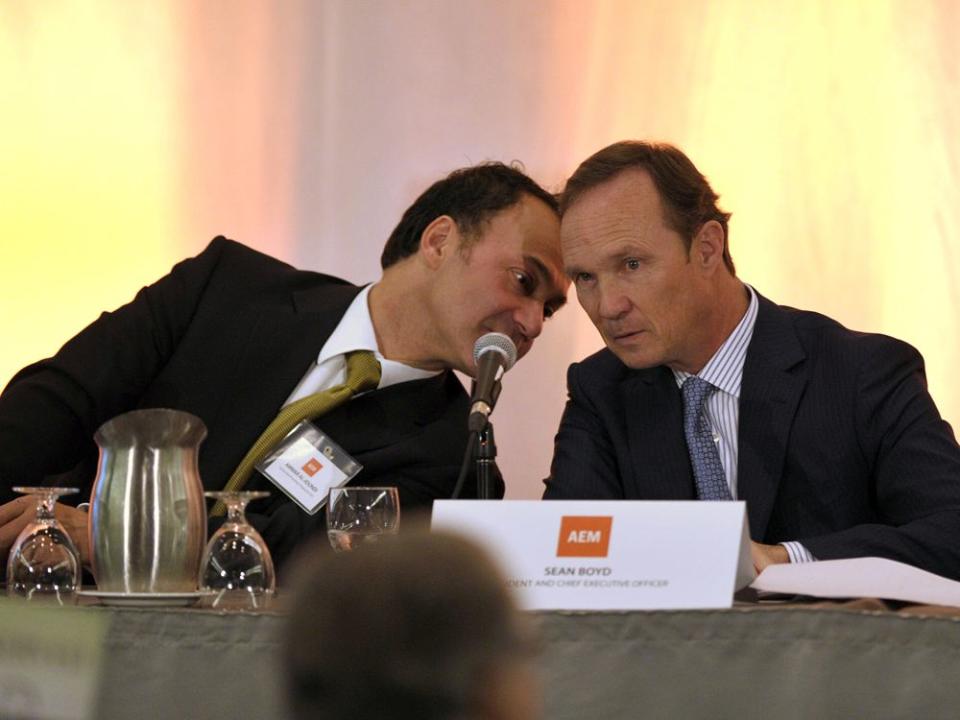  Agnico chief executive Ammar Al-Joundi, left, talking to executive chairman Sean Boyd during the annual general meeting of shareholders in Toronto in 2012.