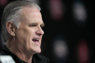 San Diego State head coach Brian Dutcher speaks during a news conference at the Final Four NCAA college basketball tournament on Sunday, April 2, 2023, in Houston. San Diego State and Connecticut play for the national championship on Monday. (AP Photo/David J. Phillip)