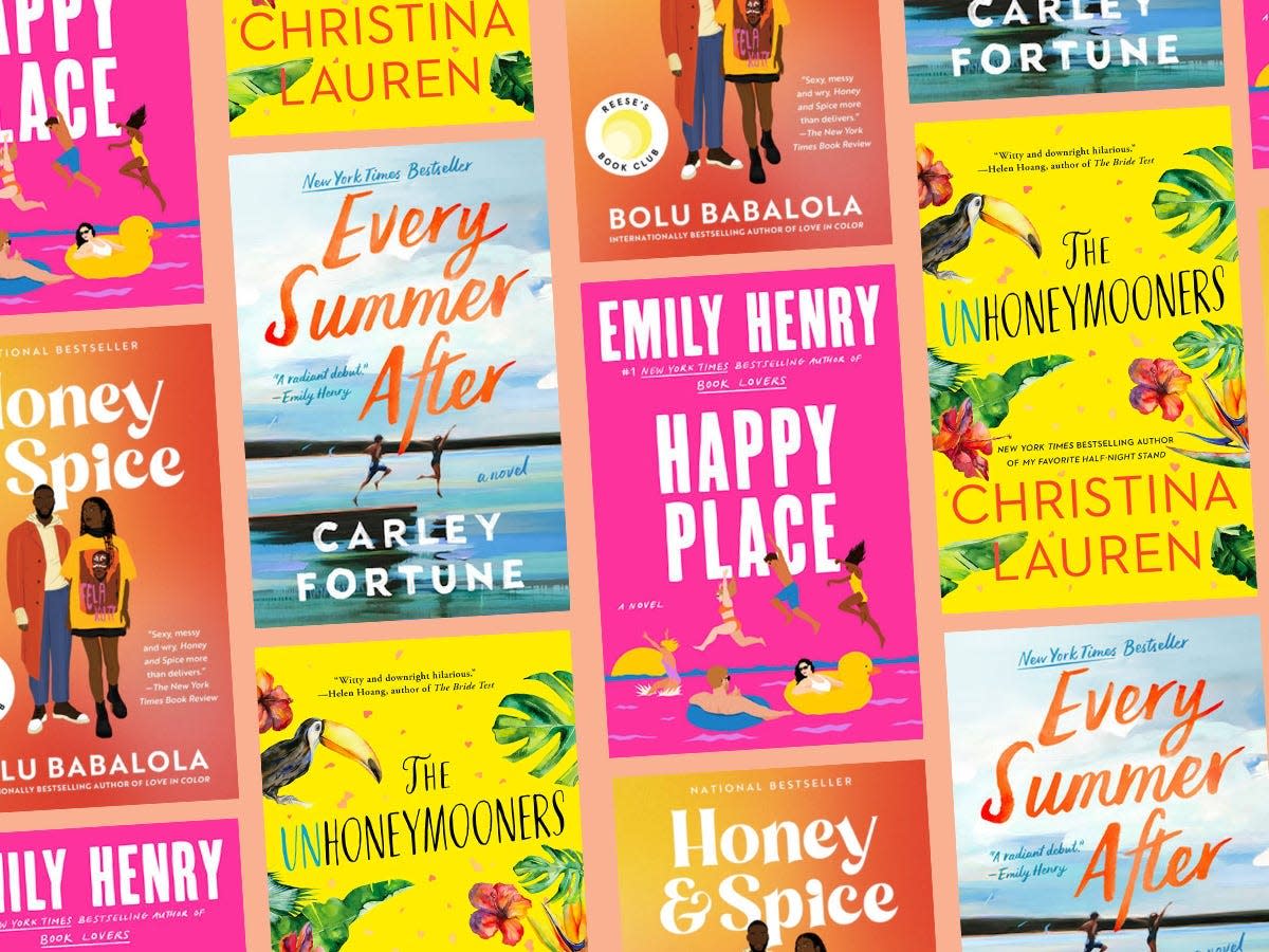 A collage of the covers for "Happy Place" by Emily Henry, "Honey & Spice" by Bolu Babalola, "The Unhoneymooners" by Christina Lauren, and "Every Summer After" by Carley Fortune.