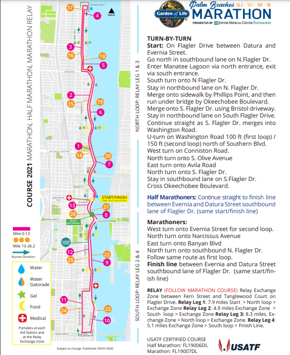The marathon route takes runners through downtown West Palm Beach and along scenic Flagler Drive.